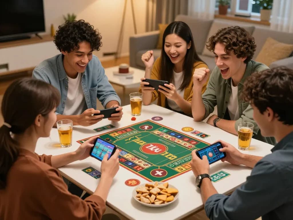 Friends celebrating a win while playing app tài xỉu on a smartphone in a cozy home setting.