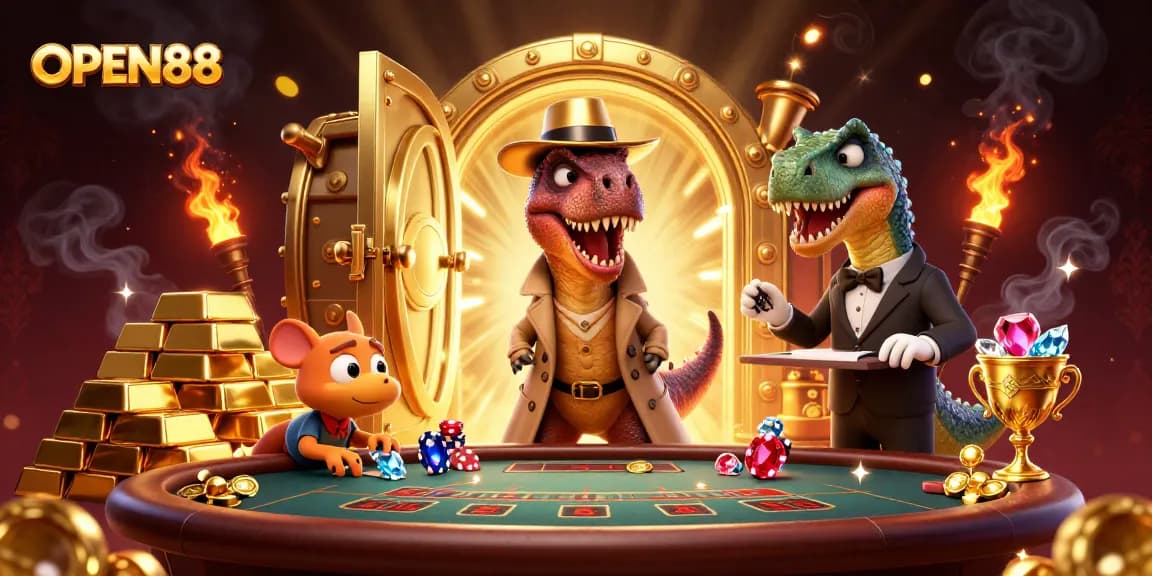 Spot the OPEN88 velociraptor card counter in a lavish casino scene, uncovering the winning strategy!