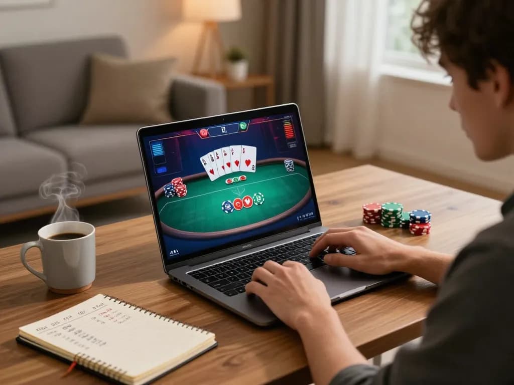 Player enjoying mm88 online poker game at home with cozy atmosphere