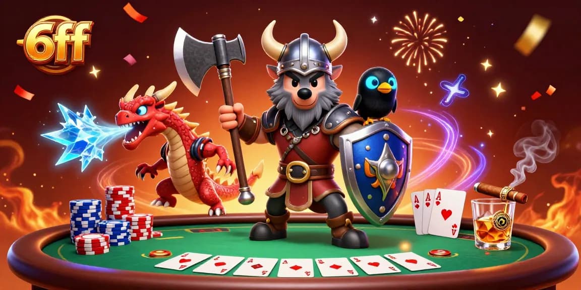 6ff showcases a Viking wolf warrior, fierce dragon, and cartoon raven in an exciting casino scene.