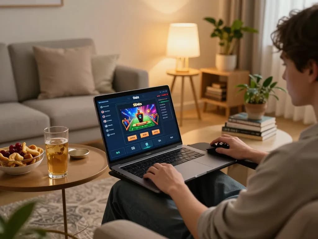 Engaging in online gambling at 98win using a laptop in a cozy home environment.