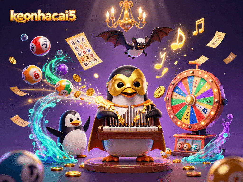 Experience vibrant excitement with keonhacai5, featuring a penguin organist and dynamic gambling elements.