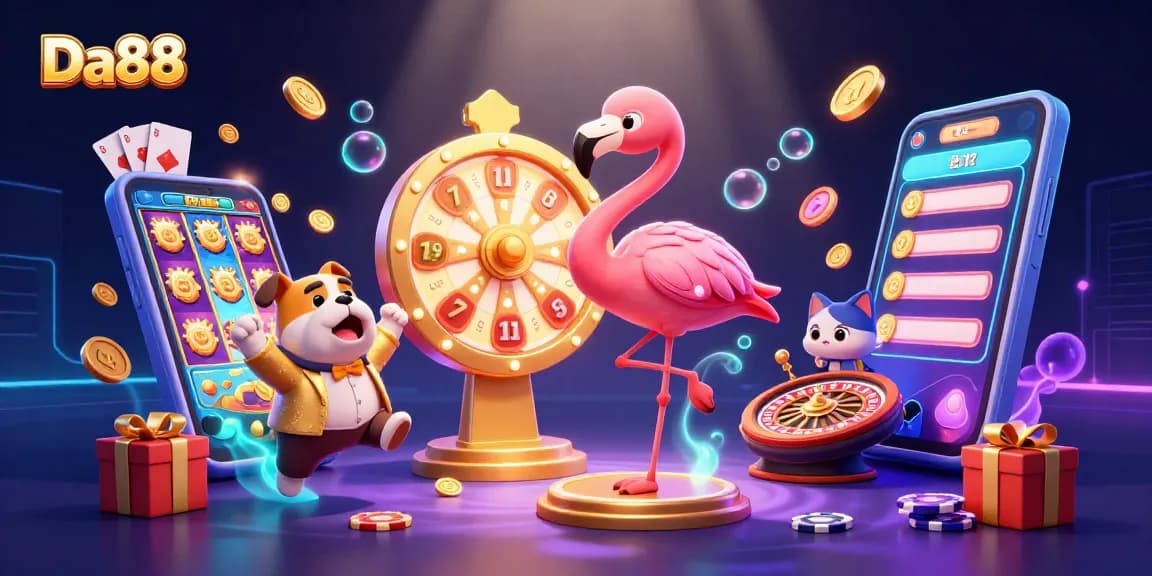 Engage with Da88 through an exciting scene featuring a game show host, bulldog contestant, and prize-winning elements.