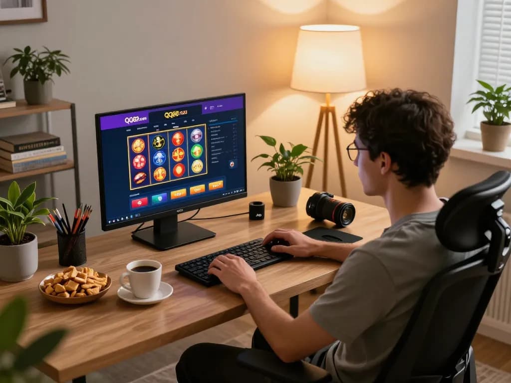 Engaged player using QQ88 com for online slot games in a cozy home office setup.