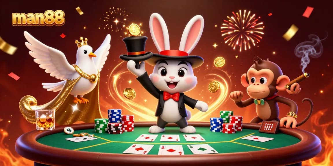 Join the excitement at man88 as a magician rabbit conjures jackpots amidst poker action.