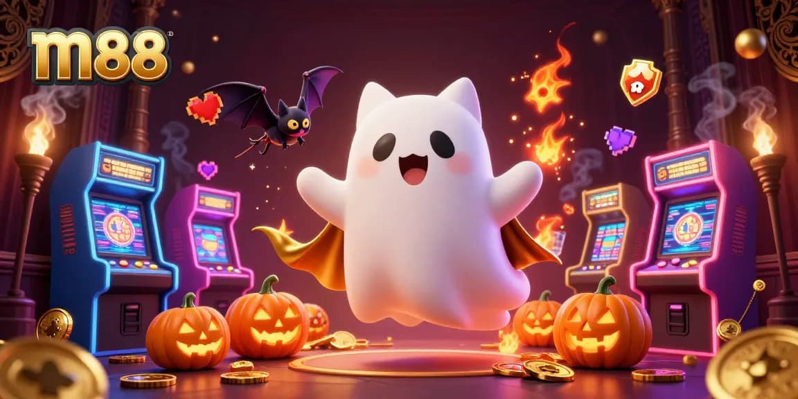 Experience thrilling gameplay at m88 with a ghost cat and vampire bat in a haunted casino.