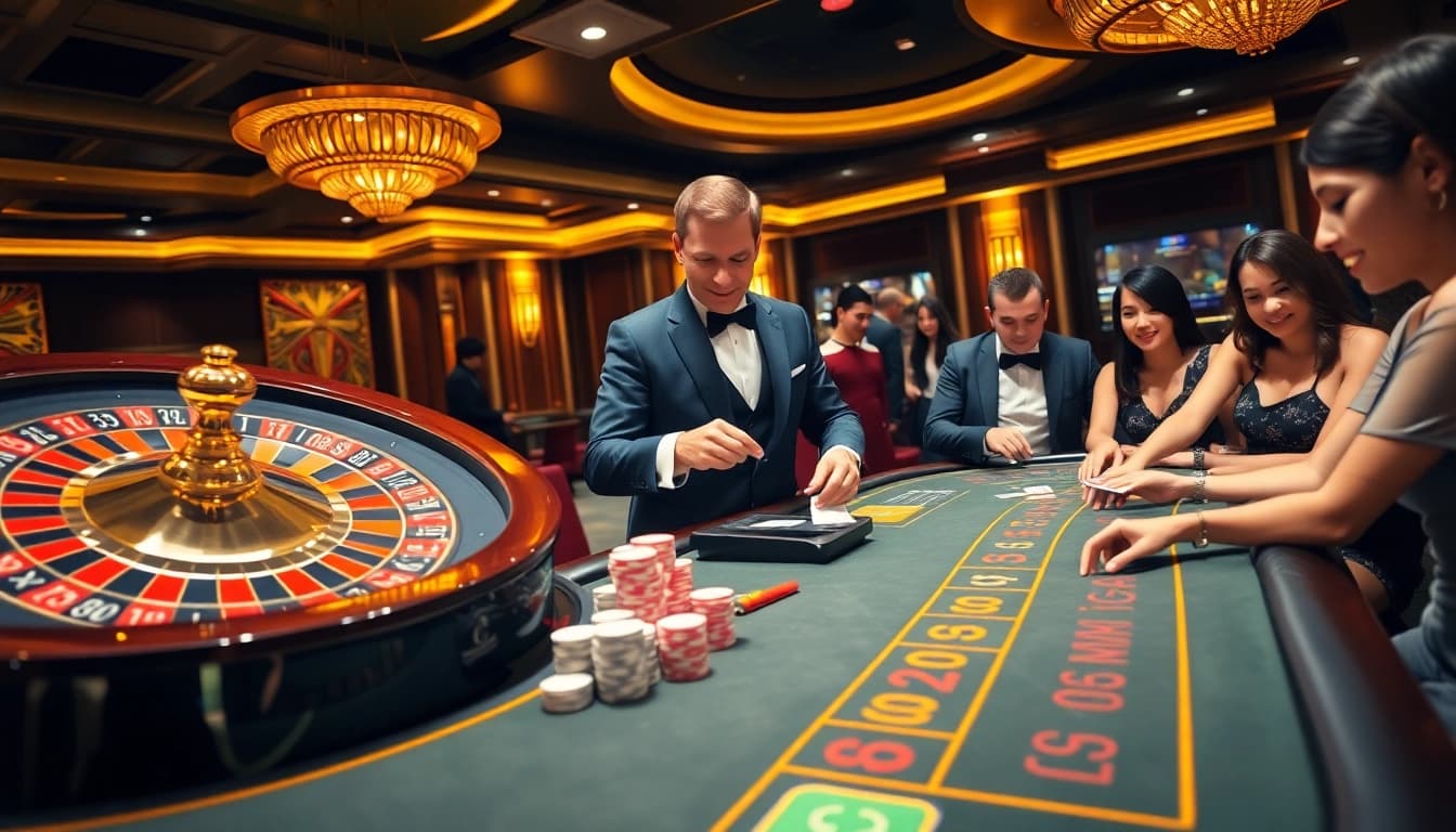 LUCK8 players celebrating wins at a high-stakes casino table with vibrant roulette and poker chips.