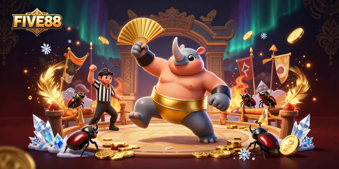 Feel the excitement at FIVE88 as a beetle sumo champion stomps gold coins in a vibrant arena.