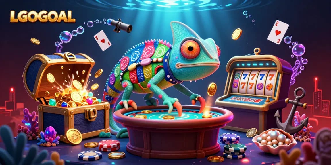 Experience the vibrant gaming world of LGOGOAL with a lively chameleon casino owner.