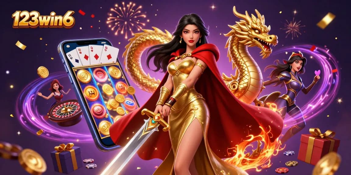 Win big with 123win6 in a vibrant casino game scene featuring dynamic characters and action.