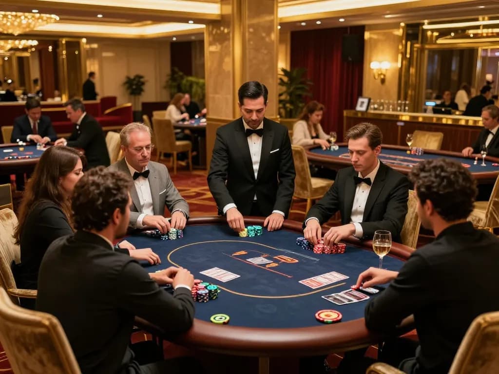 Players strategizing in a high-stakes poker game at TG88's luxurious VIP gaming area.