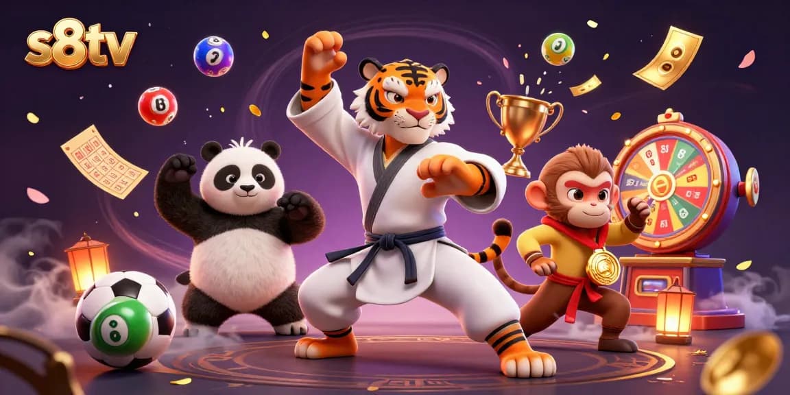S8TV features a fun 3D scene of a kung fu master, panda disciple, and monkey stealing gold during an exciting sports betting adventure.