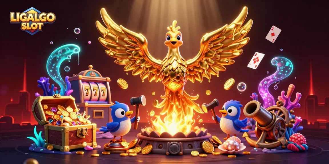 LIGALGO SLOT features a golden phoenix emerging powerfully amid treasures, capturing excitement in slots.