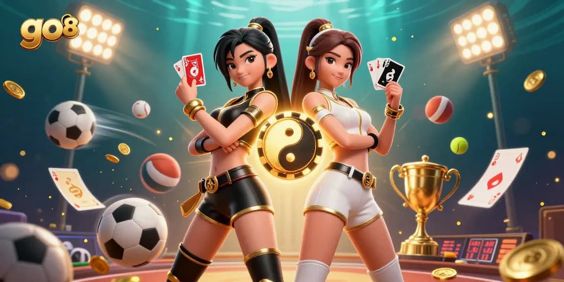 Experience thrilling gaming with go 88 as twin Asian women showcase their skills in this vibrant casino scene.