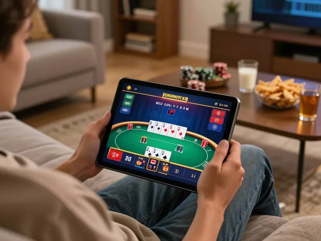 Player using a tablet for online casino games at home with tr88 interface displayed.