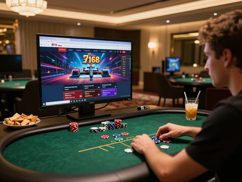 Player enjoying F168 online casino on an elegant setup with chips and snacks