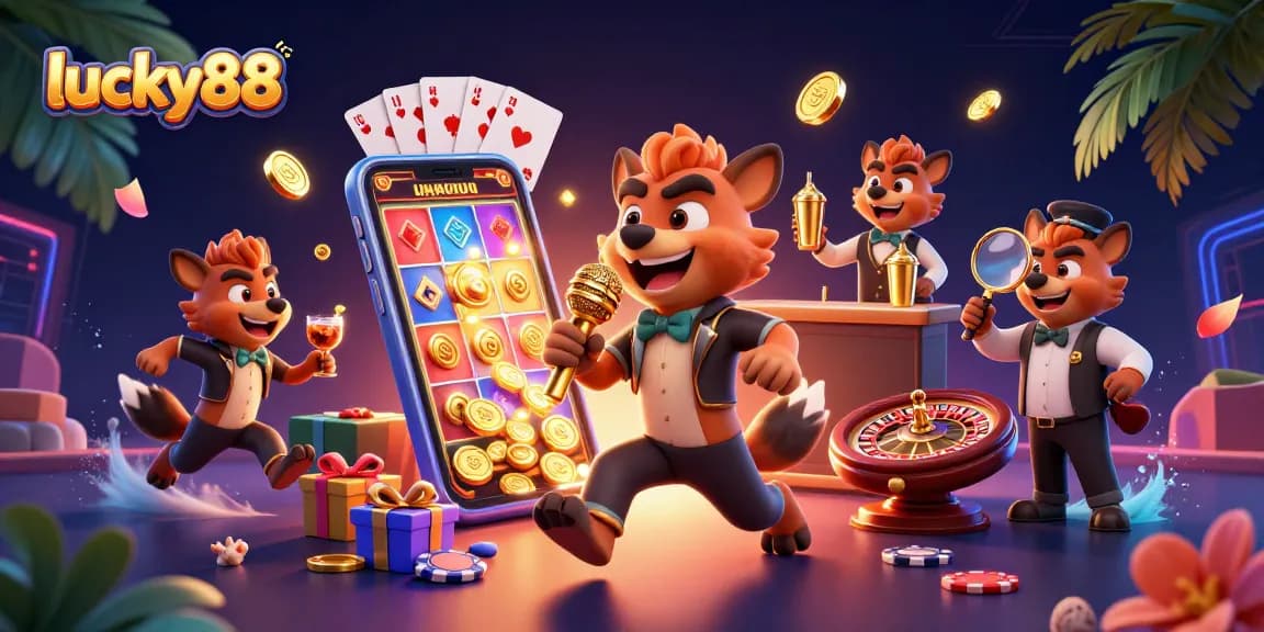 Engaging lucky88 theme with hyenas in a vibrant casino atmosphere, showcasing fun and entertainment.