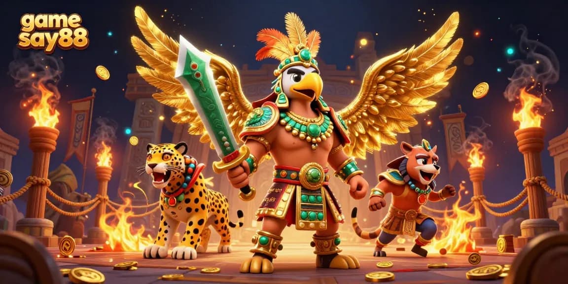 Engage in thrilling gameplay with game say88, featuring Aztec warriors in a vibrant casino arena.