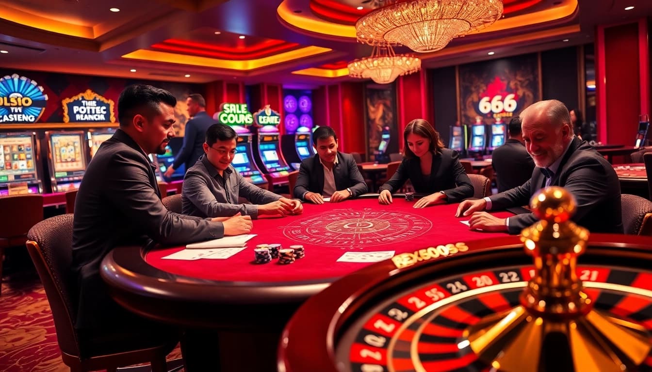 Players experience thrilling casino action at 888new com, featuring poker tables and slot machines.