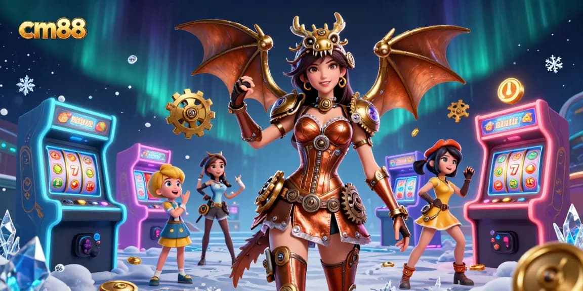 Experience casino excitement with cm88 in a vibrant, 3D illustrated scene full of gaming elements.