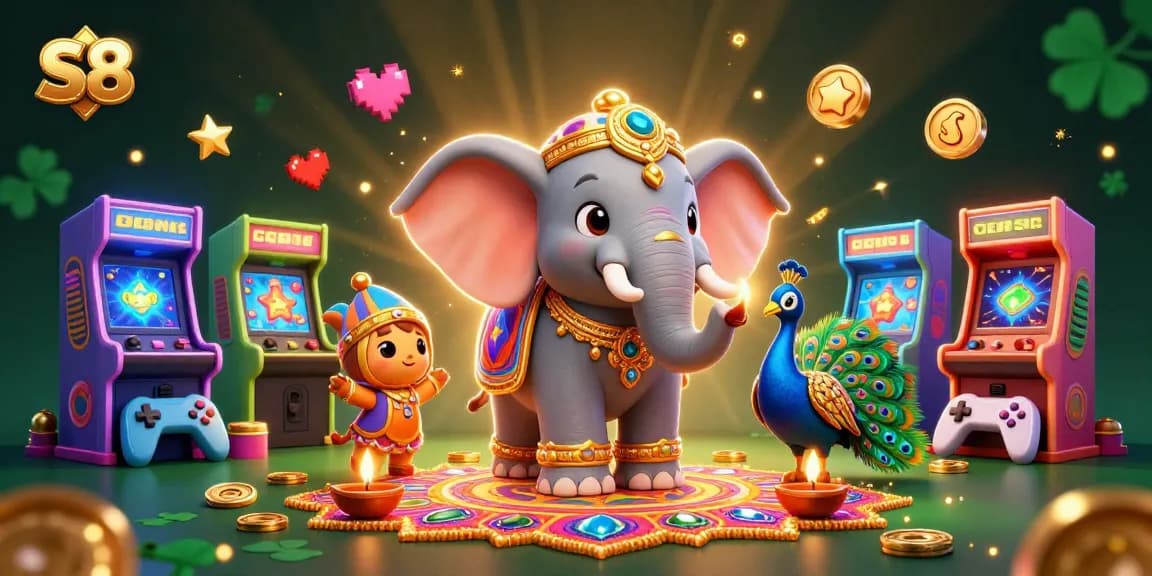 S8 offers vibrant casino excitement with a Diwali-themed elephant and colorful game elements.