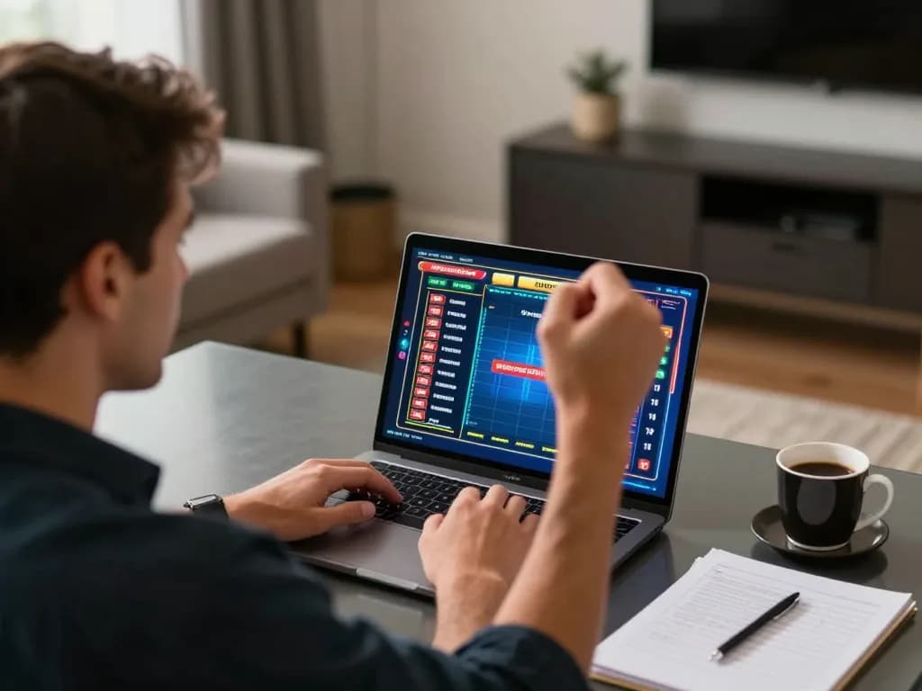 Luckywin player celebrating a big win at an online casino while using a laptop in a cozy home setting