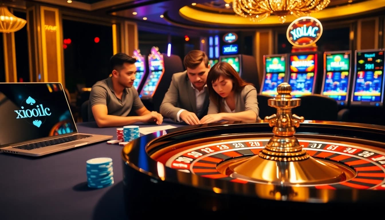 Xoilac engages players at a vibrant casino table with poker chips and cards.
