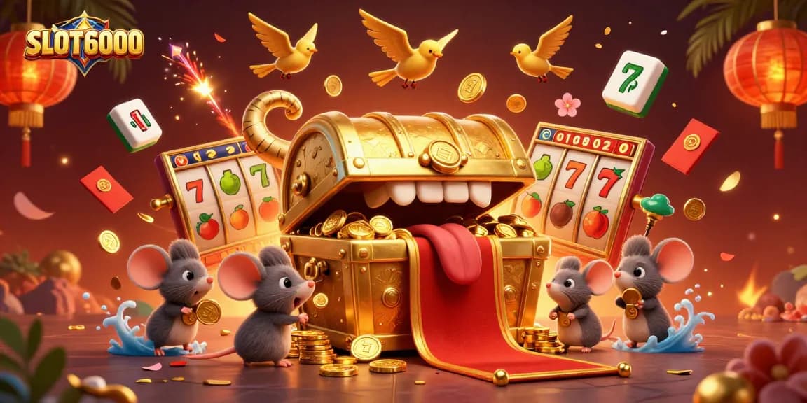 Experience the thrill of SLOT6000 with vibrant slot reels and playful characters in this 3D illustration.