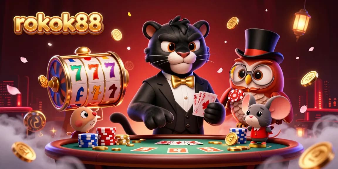 rokok88 brings you an exciting casino experience with a stylish black panther and friends in a vibrant scene.