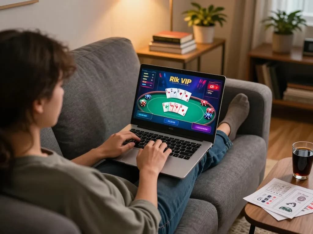 Playing poker on Rik VIP online casino while relaxing at home with strategic notes.