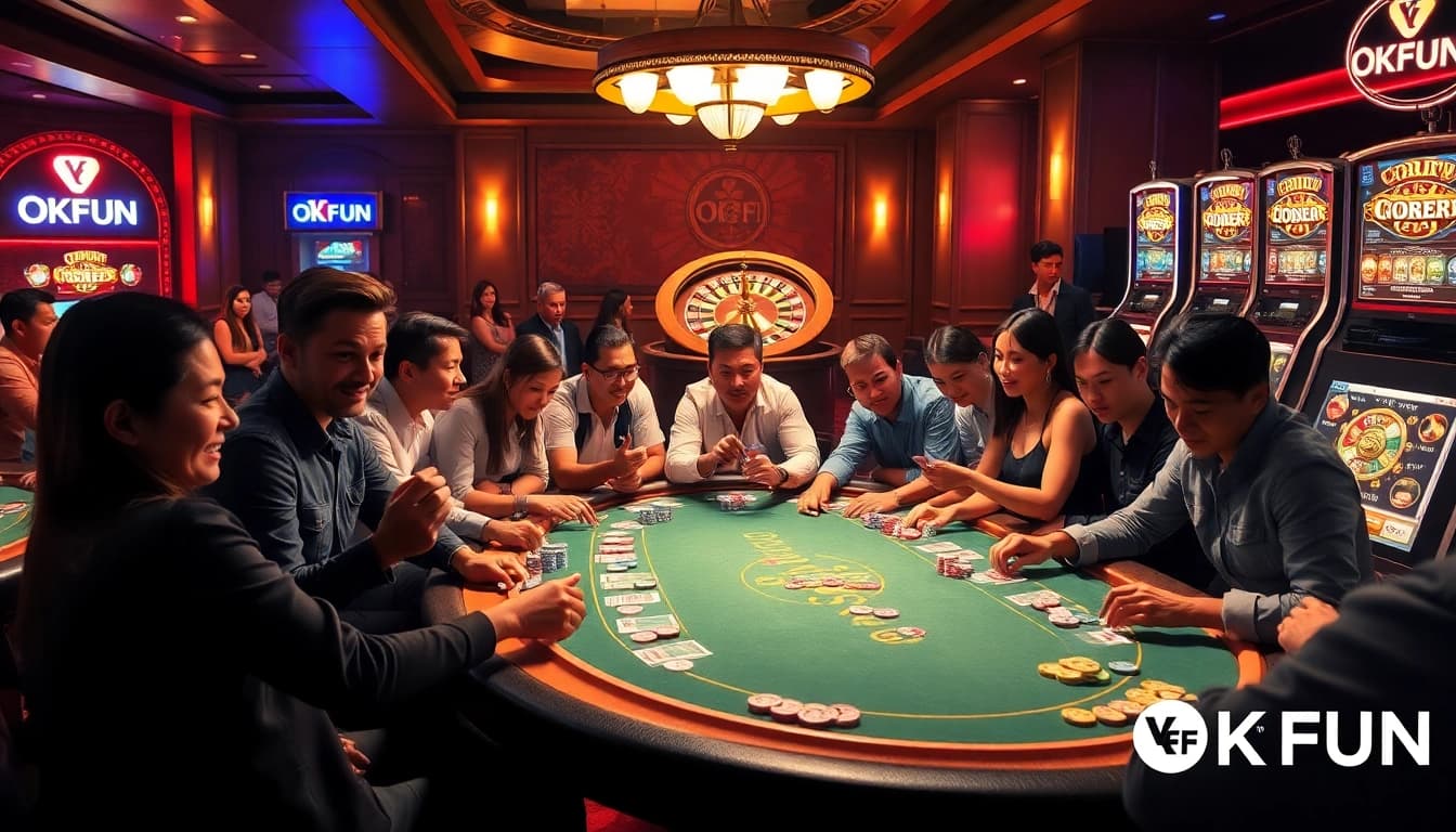 OKFUN gaming scene showcasing a vibrant poker table with excited players and a spinning roulette wheel.