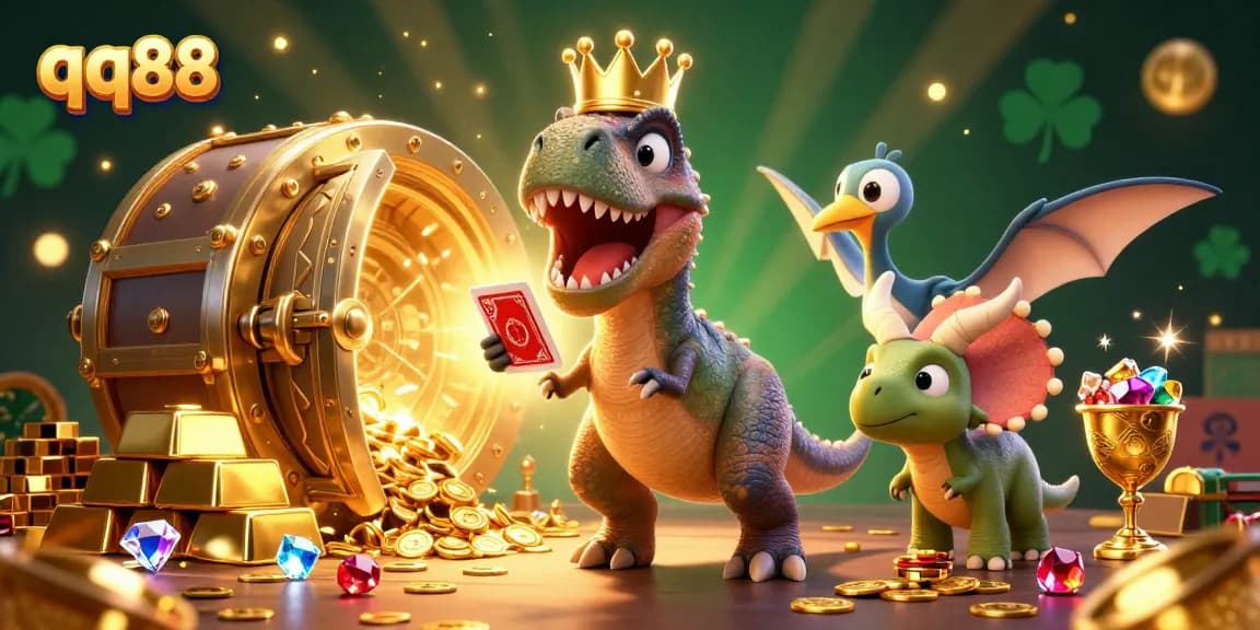 Experience thrilling fun at qq88 as a T-Rex tries to shuffle cards with a pterodactyl in a vibrant casino scene.