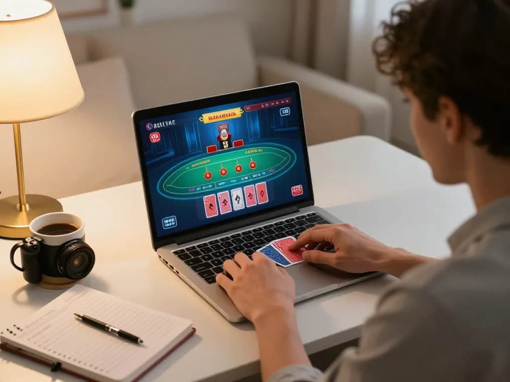 Player engaging in a live dealer blackjack game on a laptop at home while practicing strategies, highlighting 789WIN's online gaming edge.