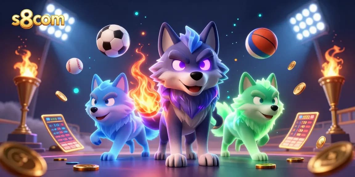 Engage in thrilling bets at s8com with ghostly wolves and dynamic sports elements in a vibrant casino scene.