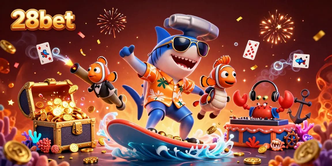 Experience the thrilling underwater adventure with 28bet, featuring a cartoon shark and a clownfish in a casino-themed illustration.