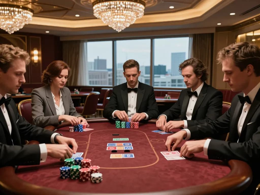 VIPWIN poker players strategizing in luxurious environment with vibrant chip stacks.