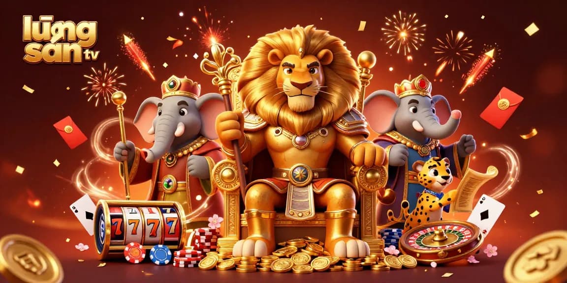 Experience immersive gaming with lương sơn tv's vibrant scene of a lion king and casino symbols!