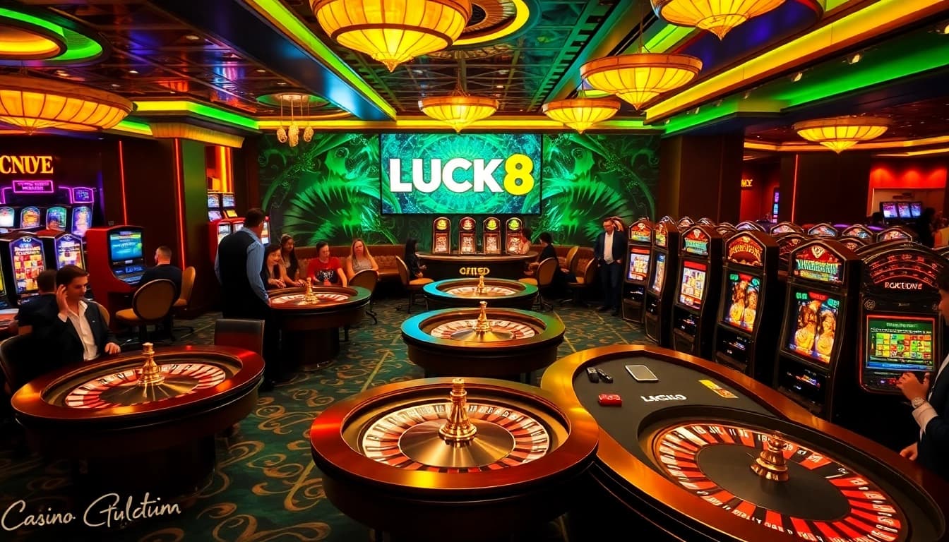 Experience the thrill of LUCK8 in a bustling casino scene filled with roulette wheels and slot machines.