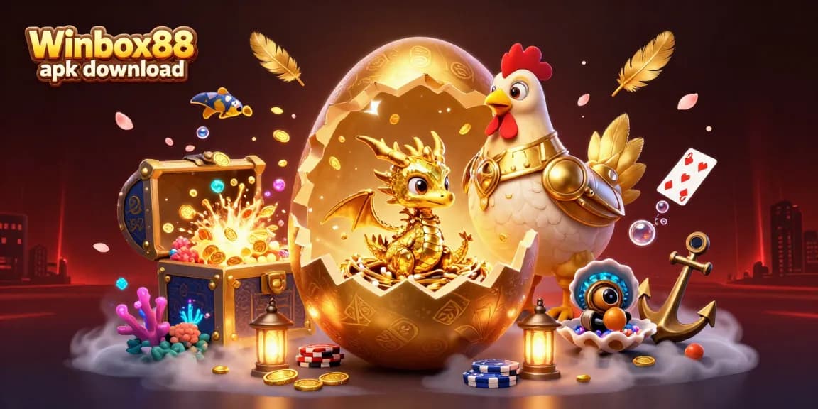 Experience Winbox88 apk download with an enticing illustration showcasing vibrant casino elements and gold treasures.