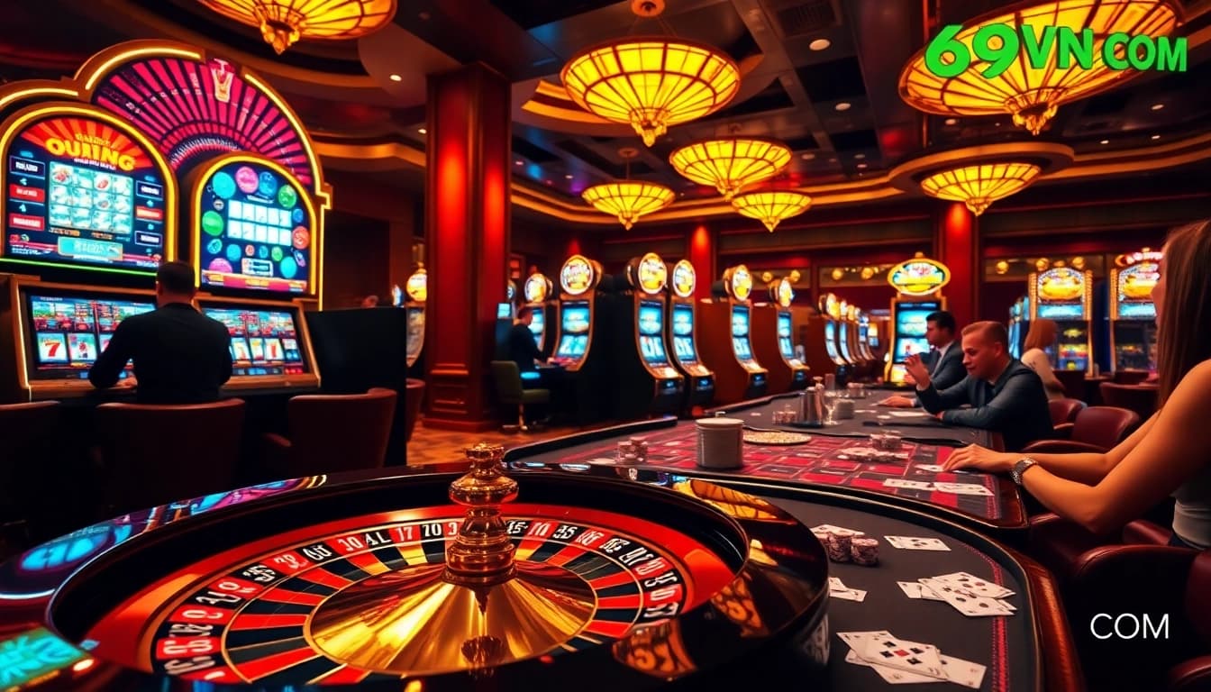 Engaged players at 69VN COM experience the thrill of casino gaming with roulette and slot machines.