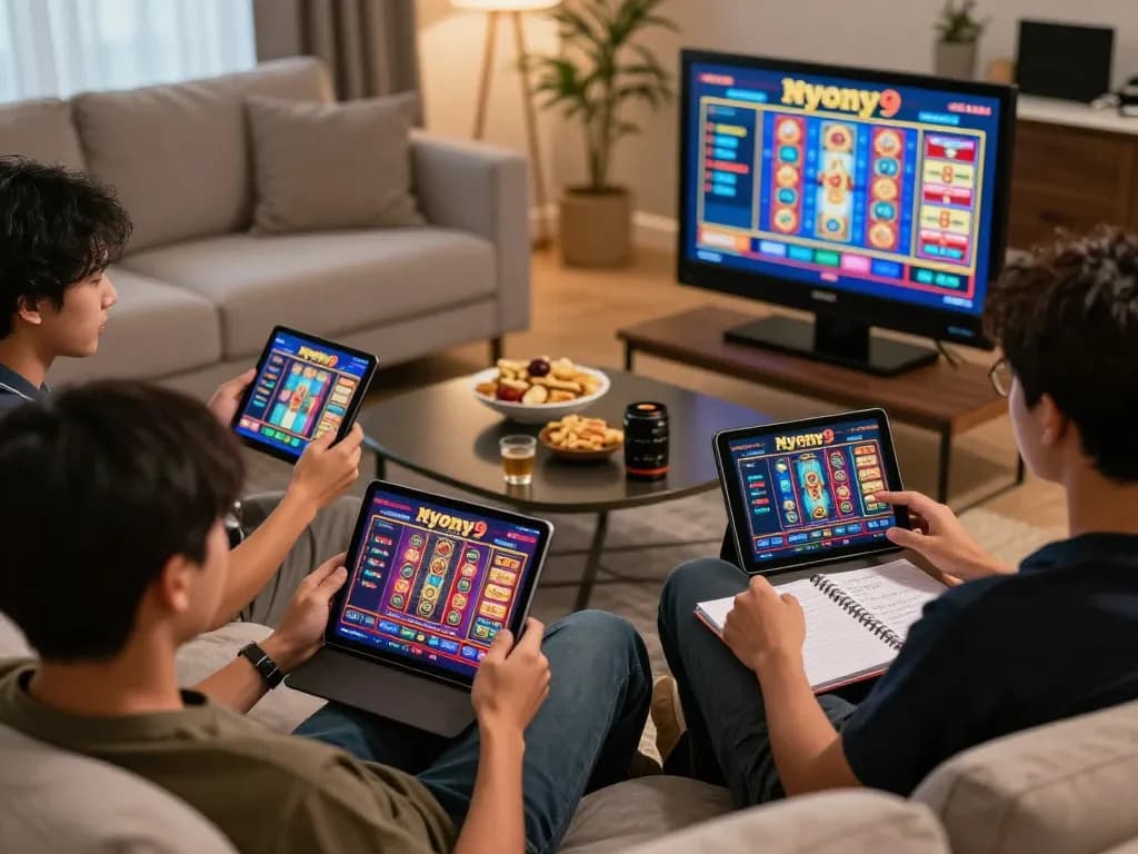 Nyonya9 gamers enjoying an engaging online experience with multiple devices in a cozy setting.