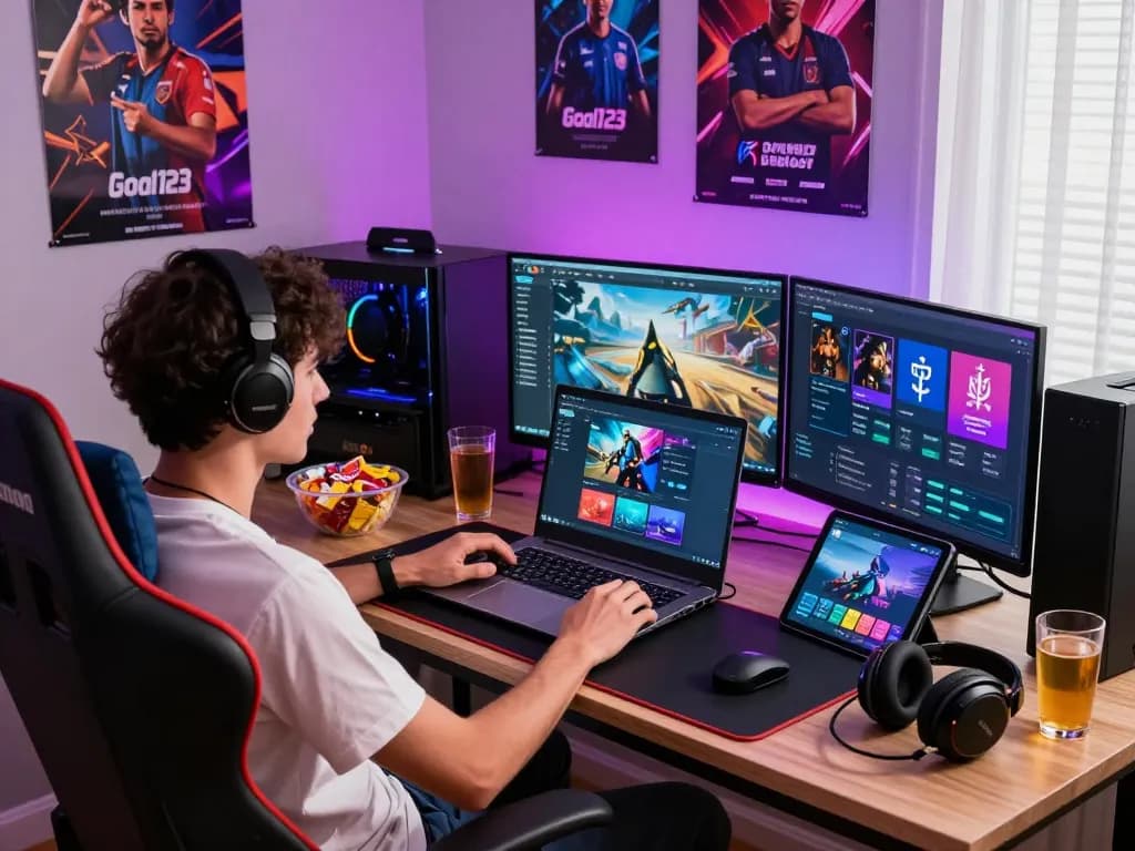 Goal123 gaming experience with a player engaged in online sports betting and gaming interfaces on laptop.
