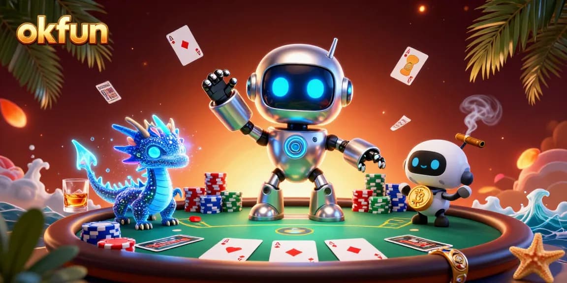 Experience thrilling games at okfun with a vibrant 3D illustration of our mascot in a busy casino environment.