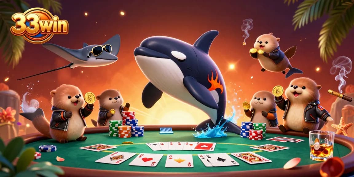 33win showcases thrilling casino excitement with a vibrant orca whale and fortune-holding otters.