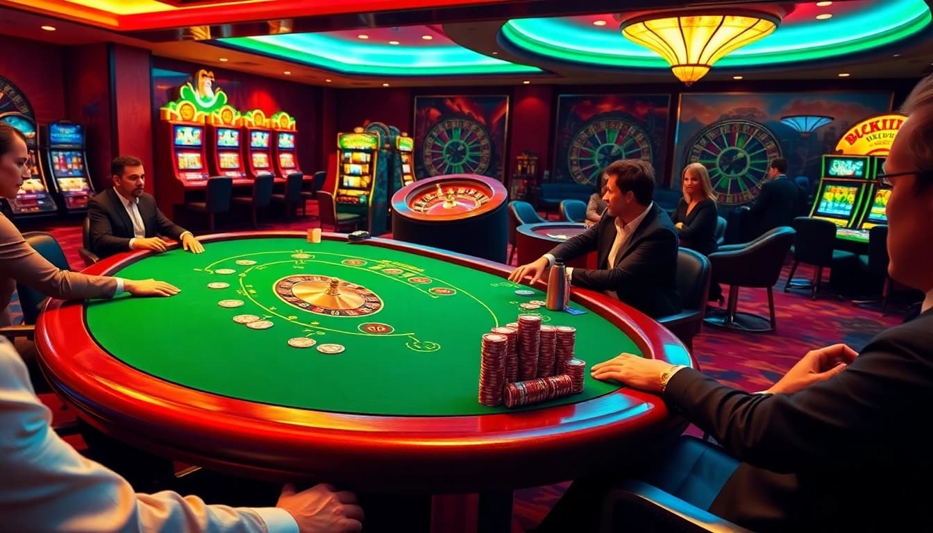 Excited players at the LuckyWin casino table featuring poker chips and a roulette wheel.