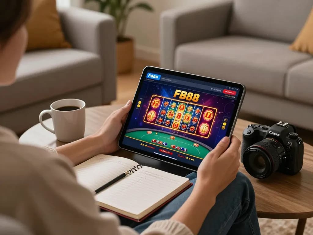 Individuals enjoying online gaming experience on FB88 with tablet and betting strategies in a cozy home.