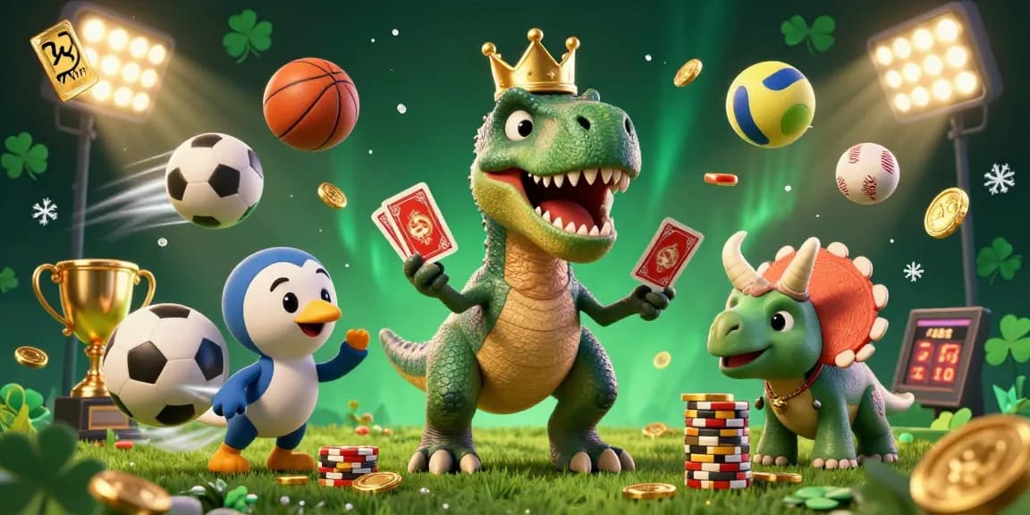 Experience thrilling sports betting action with 99Win, featuring a T-Rex shuffling cards and sporty elements.