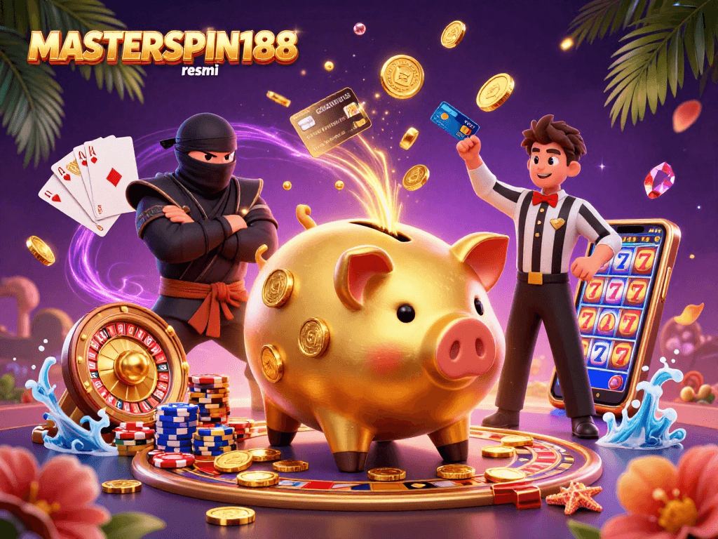 Experience thrilling gameplay at MASTERSPIN188 resmi with a vibrant casino scene featuring animated characters and spinning roulette.