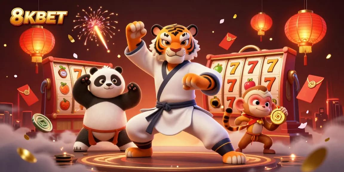 Engage with 8KBET's vibrant casino scene featuring a kung fu tiger, panda, and monkey amidst playful gaming elements.