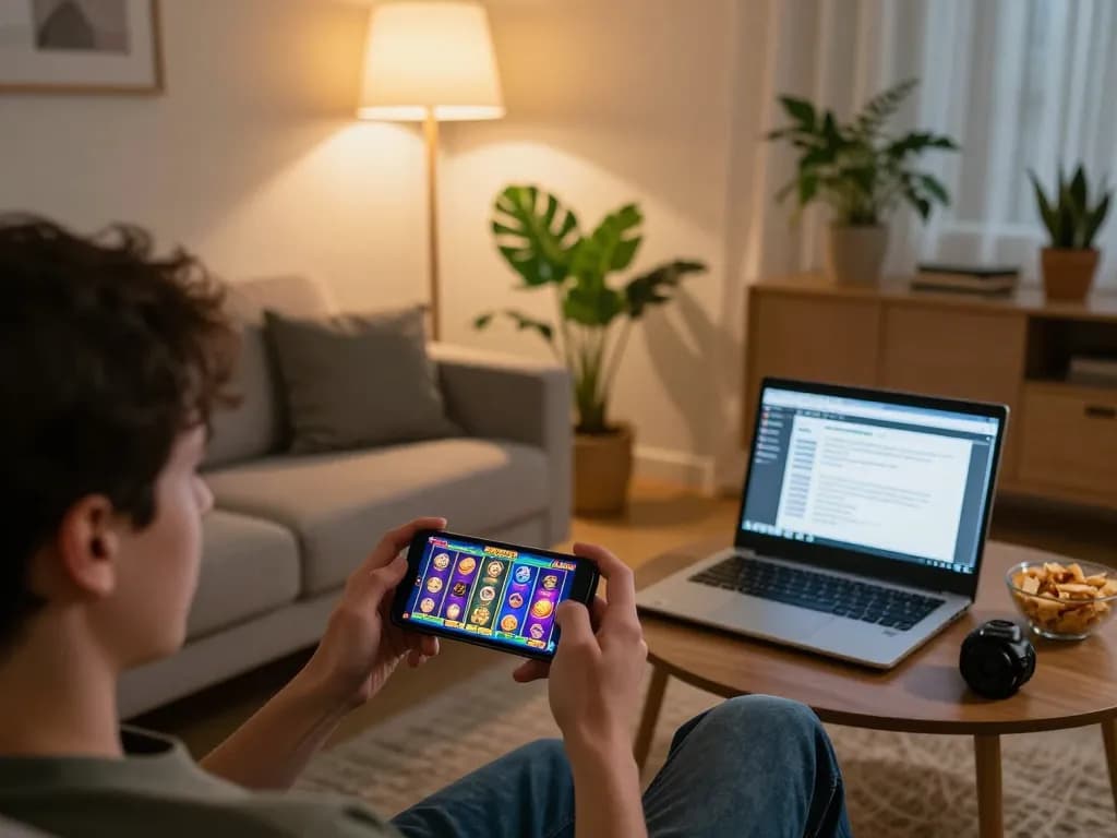 Playing slot games on a smartphone in a cozy living room with snacks and a laptop for strategy.
